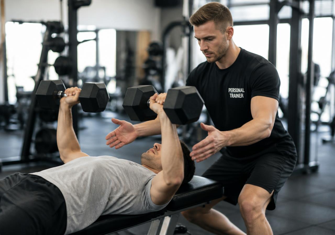 Personal trainer acompanhando treino de aluno