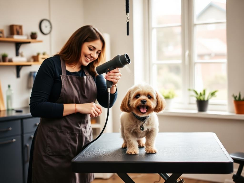 Independent pet groomer blow-drying a small dog on a grooming table