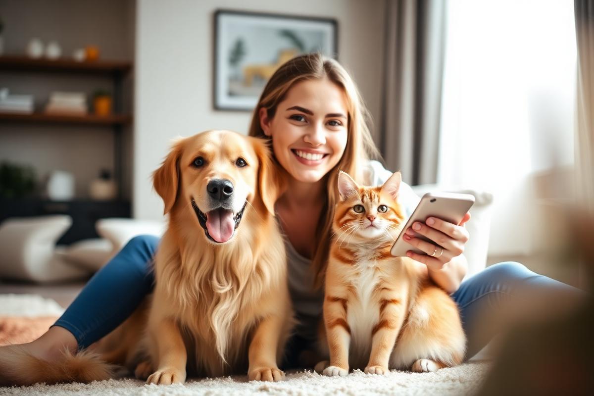 Tutora em casa com um cachorro e um gato, olhando o celular